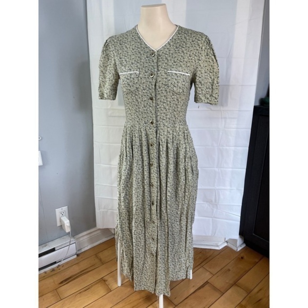 Vintage Marie Claire Sage Green Ditsy Floral Button Front Midi Dress Puff Sleeve